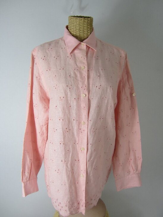 Ralph Lauren Womens Large Pink Linen Eyelet Embroidered Shirt Scallop Hem - Picture 1 of 14